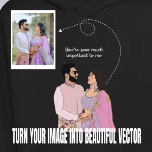 Promotional image showing how a couple photo is converted into a custom vector portrait for personalized couple hoodies