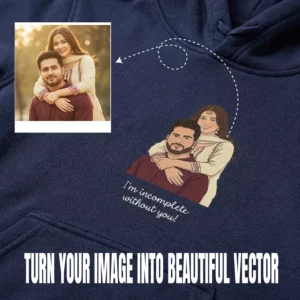 Personalized couple hoodie showing custom vector artwork created from a photo