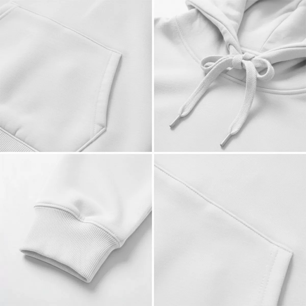 White hoodie collage showing pocket, drawstring hood, cuffs, and stitching details for personalized couple hoodies