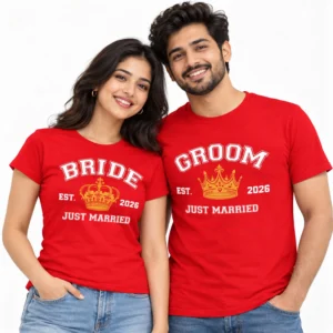 Indian bride and groom wearing matching red wedding T-shirts with Bride and Groom text, gold crown illustrations, Just Married, and Est. 2026.