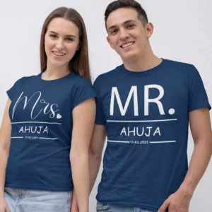 Classic Mr and Mrs matching couple T shirts with custom surname print for wedding and honeymoon