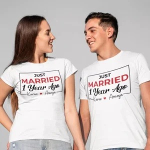 Personalized Just Married 1 Year Ago couple T shirts with custom names and wedding date printed on white cotton anniversary outfits