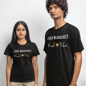 Personalized Just Married wedding couple T-shirts for husband and wife with custom names printed on black cotton tees