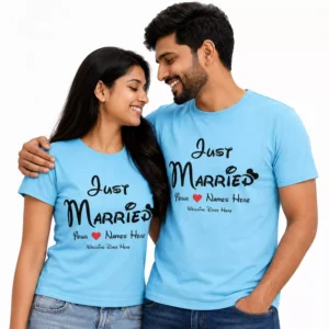 Couple wearing matching blue Just Married T-shirts personalized with names and wedding date, suitable as a custom wedding gift for newlyweds.