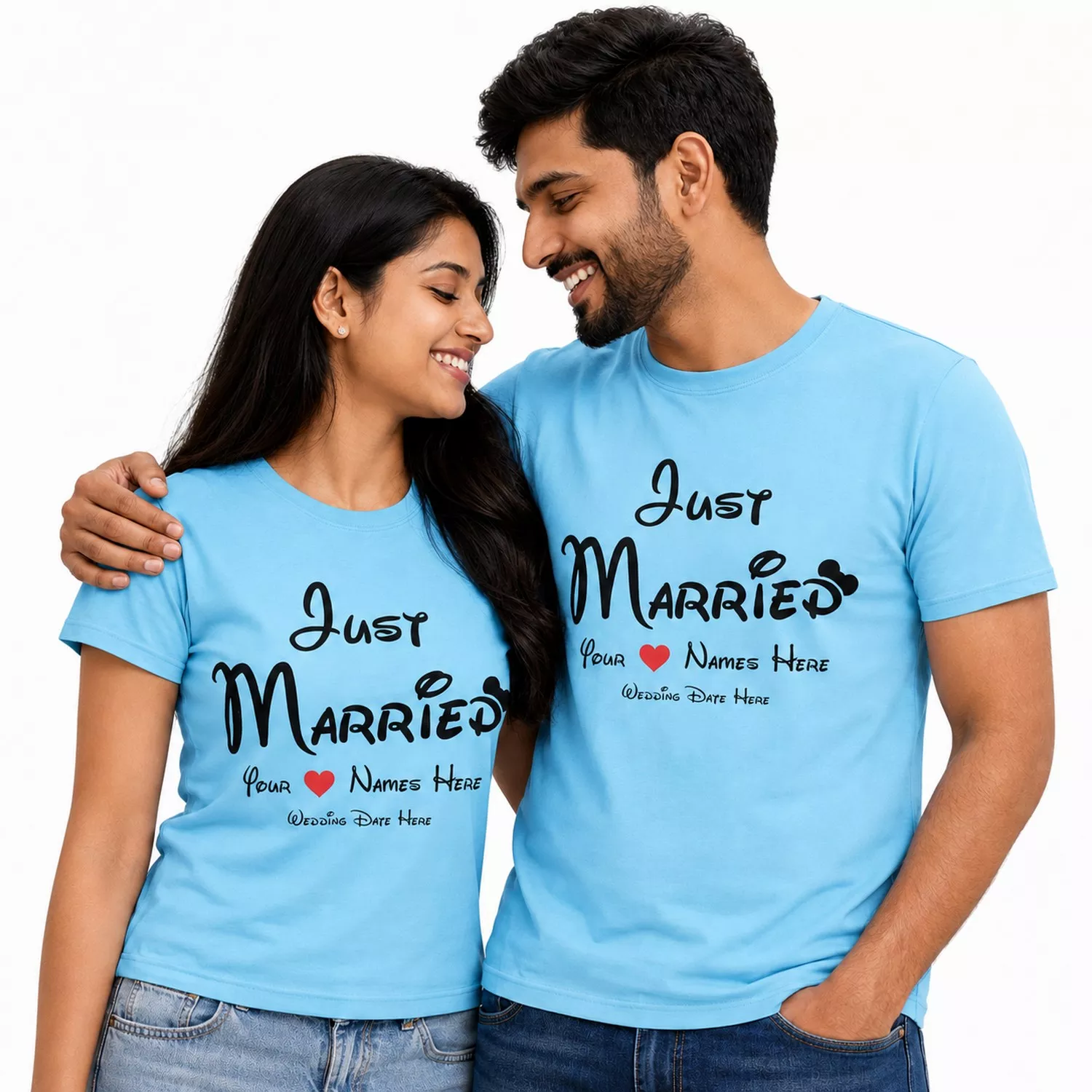Couple wearing matching blue Just Married T-shirts personalized with names and wedding date, suitable as a custom wedding gift for newlyweds.