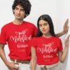 Personalized red Just Married couple t-shirts with custom names and ring print wedding design