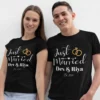 Couple wearing custom Just Married wedding T shirts with names and wedding date printed in white and gold design