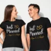 Custom Just Married couple T shirts with name and wedding date printed in script design on black cotton tees