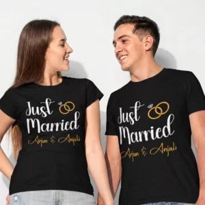 Custom Just Married couple T shirts with name and wedding date printed in script design on black cotton tees