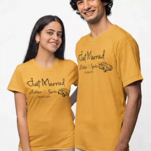 Matching husband wife Just Married custom cotton T shirts personalized with names and wedding date for honeymoon wear in India