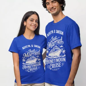 Personalized Just Married wedding couple T shirts with honeymoon cruise script design in blue cotton
