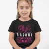 Child wearing black personalized cotton T shirt with custom name print in premium 180 GSM fabric