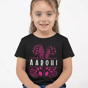 Child wearing black personalized cotton T shirt with custom name print in premium 180 GSM fabric