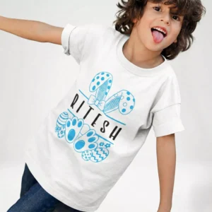 Custom printed kids name T shirt in premium cotton with personalized blue graphic design