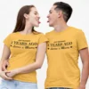 Personalized Just Married matching husband wife yellow t-shirts with custom names and wedding year for honeymoon and anniversary