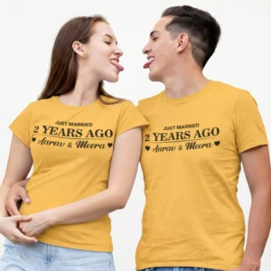 Personalized Just Married matching husband wife yellow t-shirts with custom names and wedding year for honeymoon and anniversary