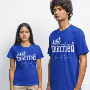 Husband and wife wearing custom just married matching blue cotton T-shirts with personalized names