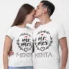 Minimal Mr and Mrs matching couple T shirts with personalized surname print for wedding and anniversary gift