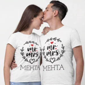 Minimal Mr and Mrs matching couple T shirts with personalized surname print for wedding and anniversary gift