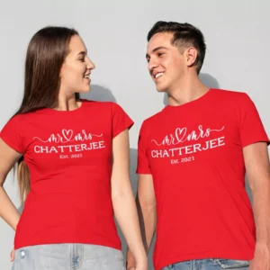 Couple wearing personalized Mr and Mrs To Be matching red T-shirts for engagement and pre wedding shoot