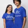 Mr Awesome and Mrs Awesome matching couple T shirts for husband and wife in blue cotton fabric