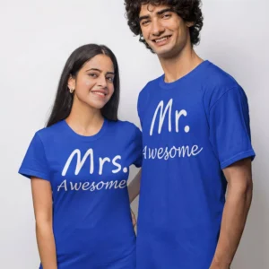 Mr Awesome and Mrs Awesome matching couple T shirts for husband and wife in blue cotton fabric