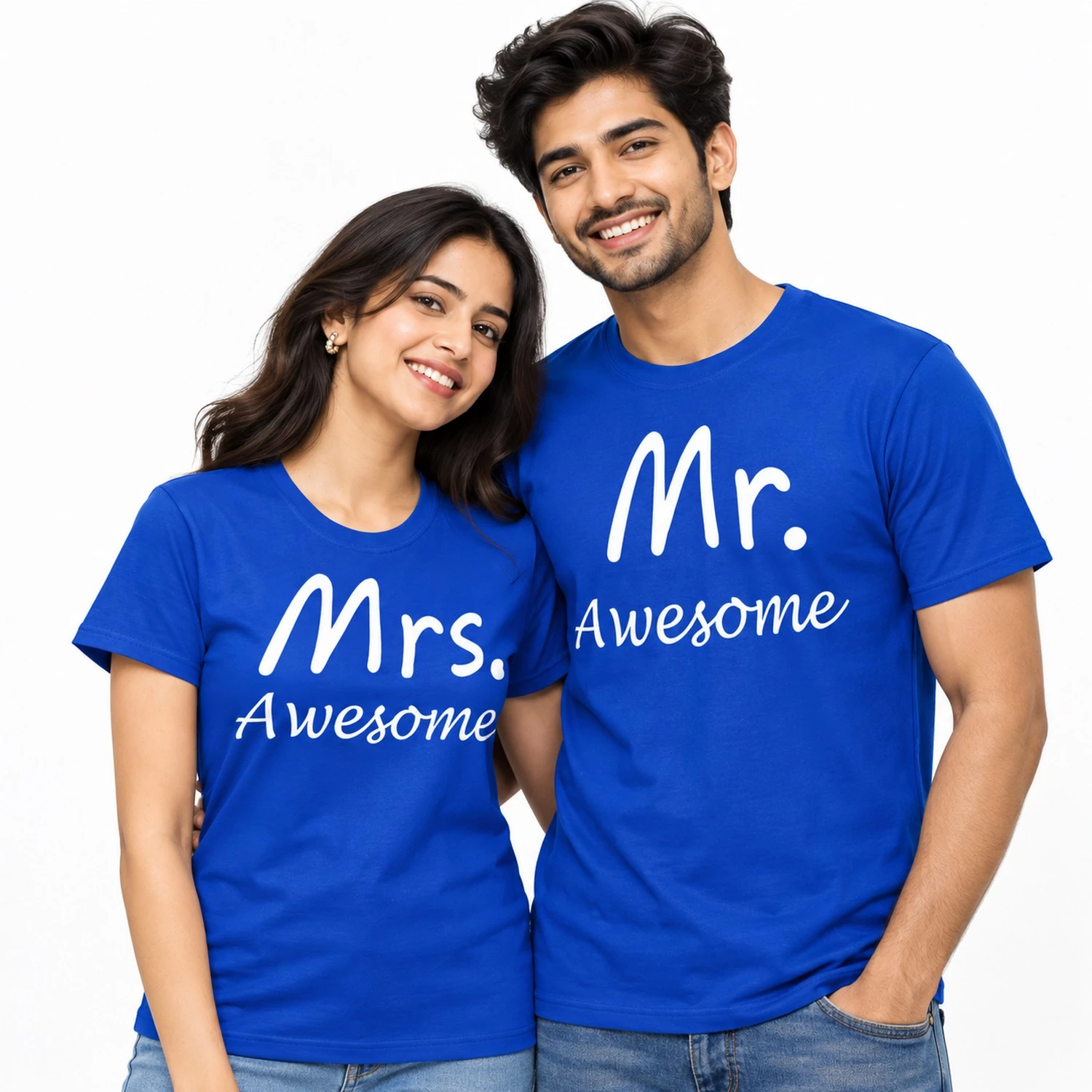 Smiling Indian couple wearing matching royal blue T-shirts with white Mrs. Awesome and Mr. Awesome lettering across the front.