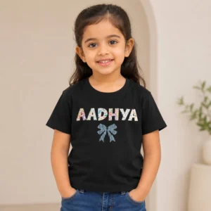Personalised Aadhya girls black T-shirt with patterned custom name and decorative bow design