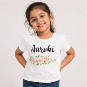 Personalised Aarohi girls white T-shirt with pink floral arrangement and script name