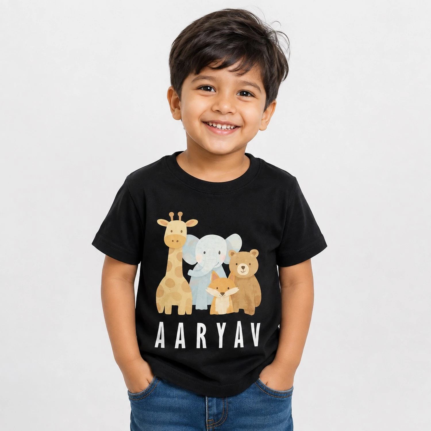 Personalised Aaryav boys black T-shirt with giraffe, elephant, fox and bear name design