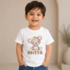 Personalised Aditya boys white T-shirt with cute teddy bear illustration and custom name