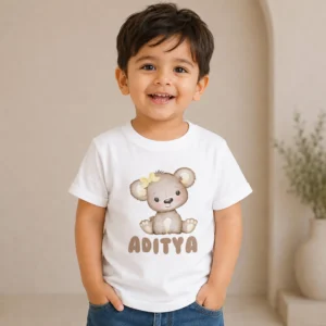 Personalised Aditya boys white T-shirt with cute teddy bear illustration and custom name