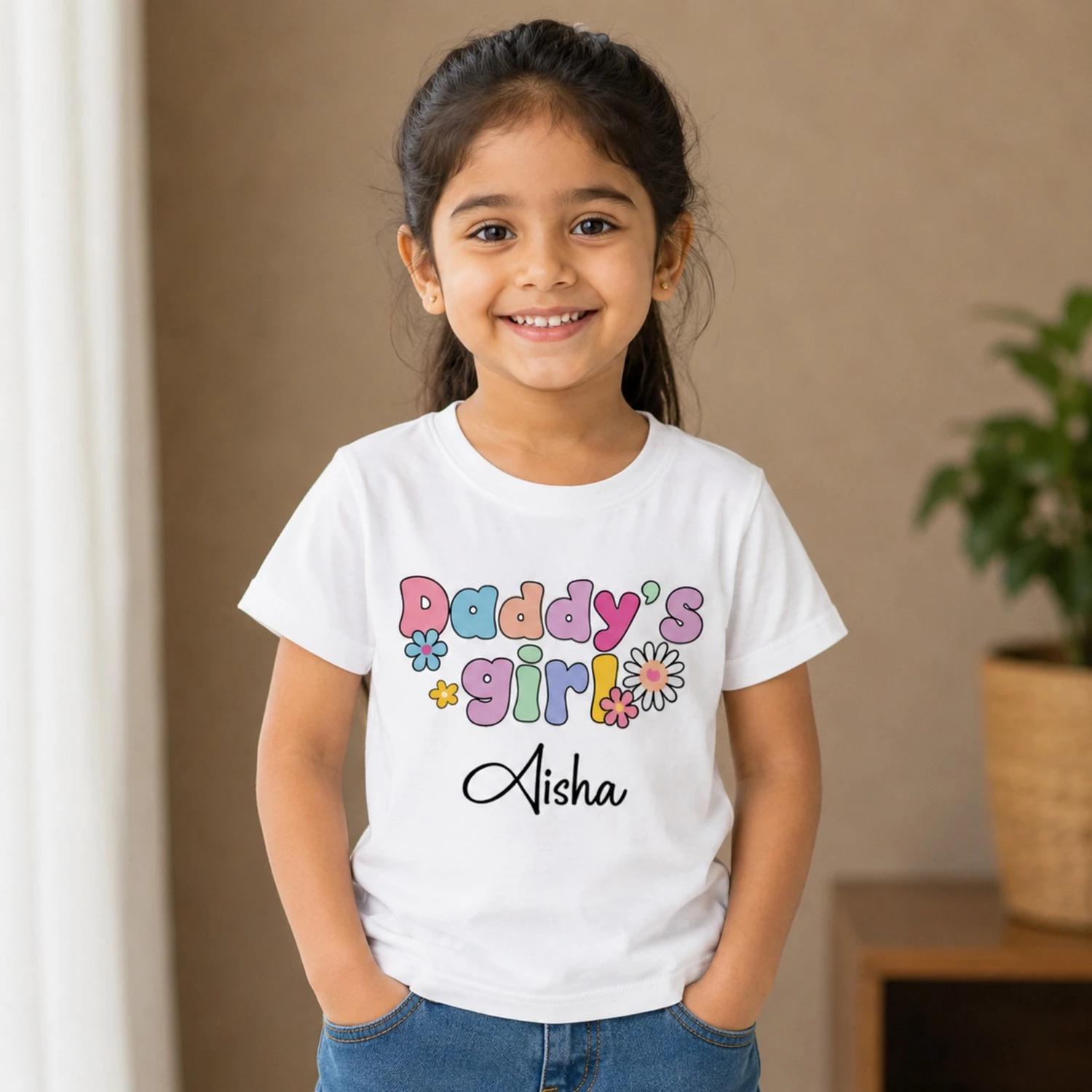 Personalised Aisha girls white T-shirt with colourful Daddy's Girl design and custom name