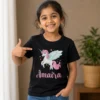 Personalised Amaira girls black T-shirt with colourful winged unicorn and custom name