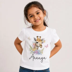 Personalised Ananya girls white T-shirt with cute giraffe, flowers, butterflies and custom name