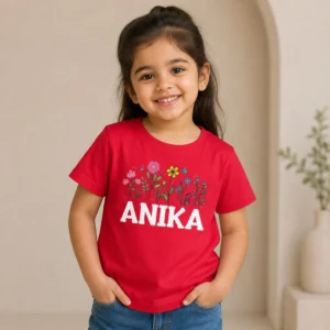 Personalised Anika girls red T-shirt with colourful wildflowers and bold custom name