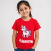 Personalised Haniya girls red T-shirt with cute colourful unicorn and custom name