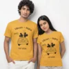 Couple wearing personalized Just Married matching T shirts with custom names and wedding year printed in romantic script design