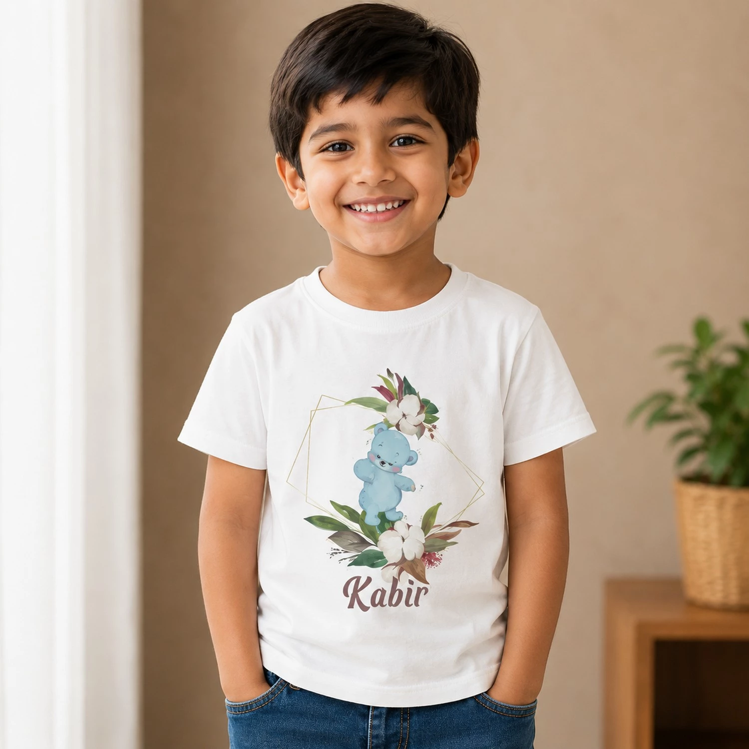 Personalised Kabir boys white T-shirt with cute koala, floral leaves and custom name