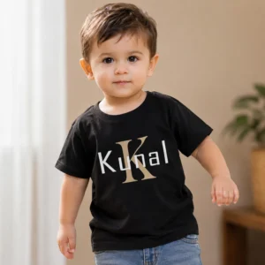 Personalised Kunal boys black T-shirt with large K initial and custom name design