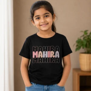 Personalised Mahira girls black T-shirt with stylish repeated retro name design