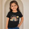 Personalised Naina girls black T-shirt with pastel rainbow, cute bees, flowers and custom name
