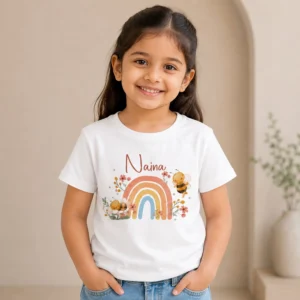 Personalised Naina girls white T-shirt with pastel rainbow, bees, flowers and custom name