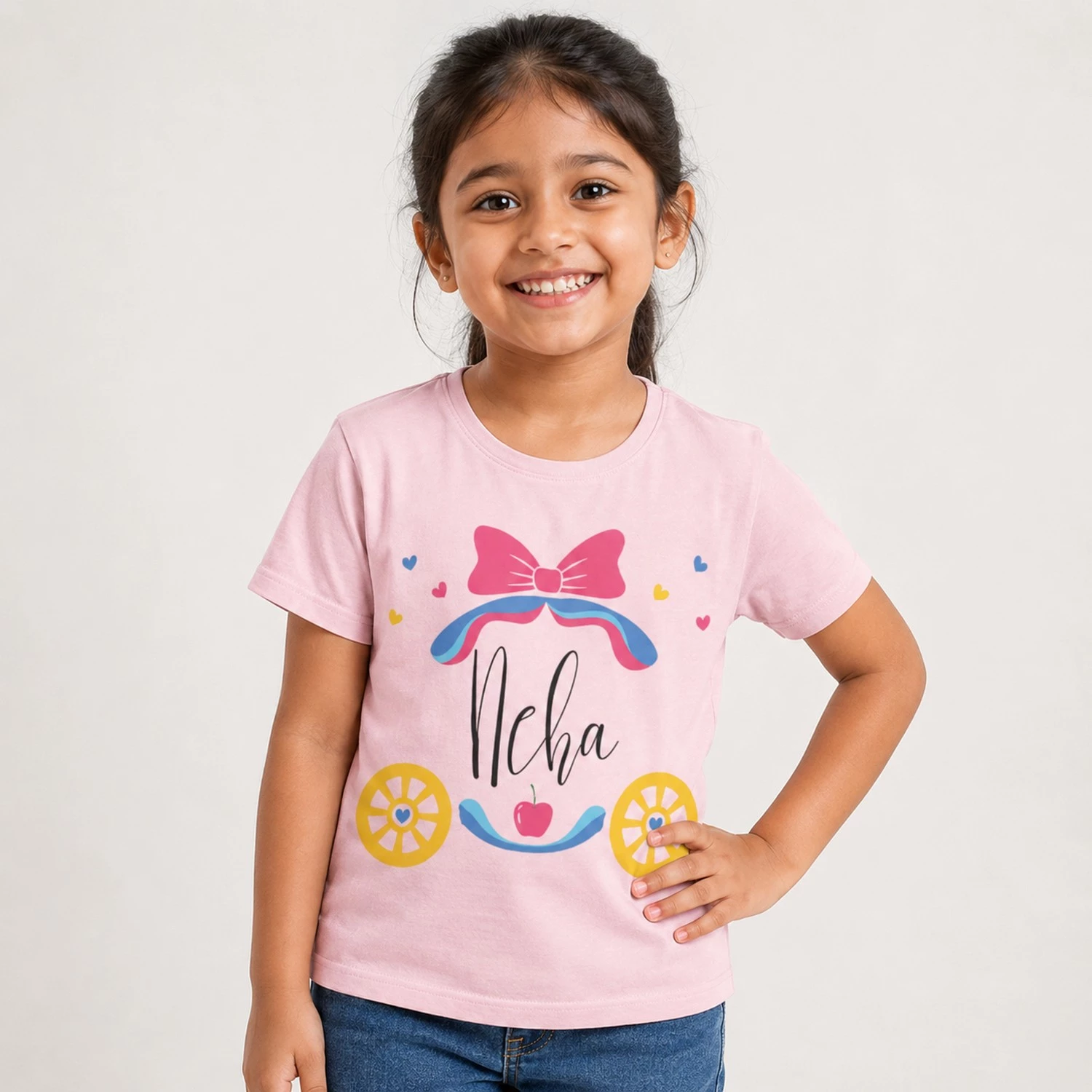 Personalised Neha girls pink T-shirt with colourful princess carriage and custom name design