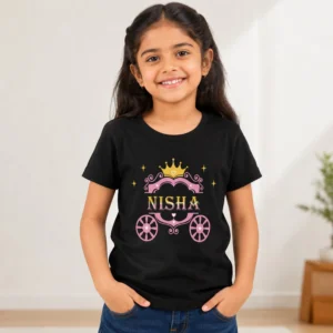 Personalised Nisha girls black T-shirt with pink princess carriage, crown and custom name design