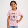 Personalised Pooja girls pink T-shirt with colourful Wild and Free name and arrow design