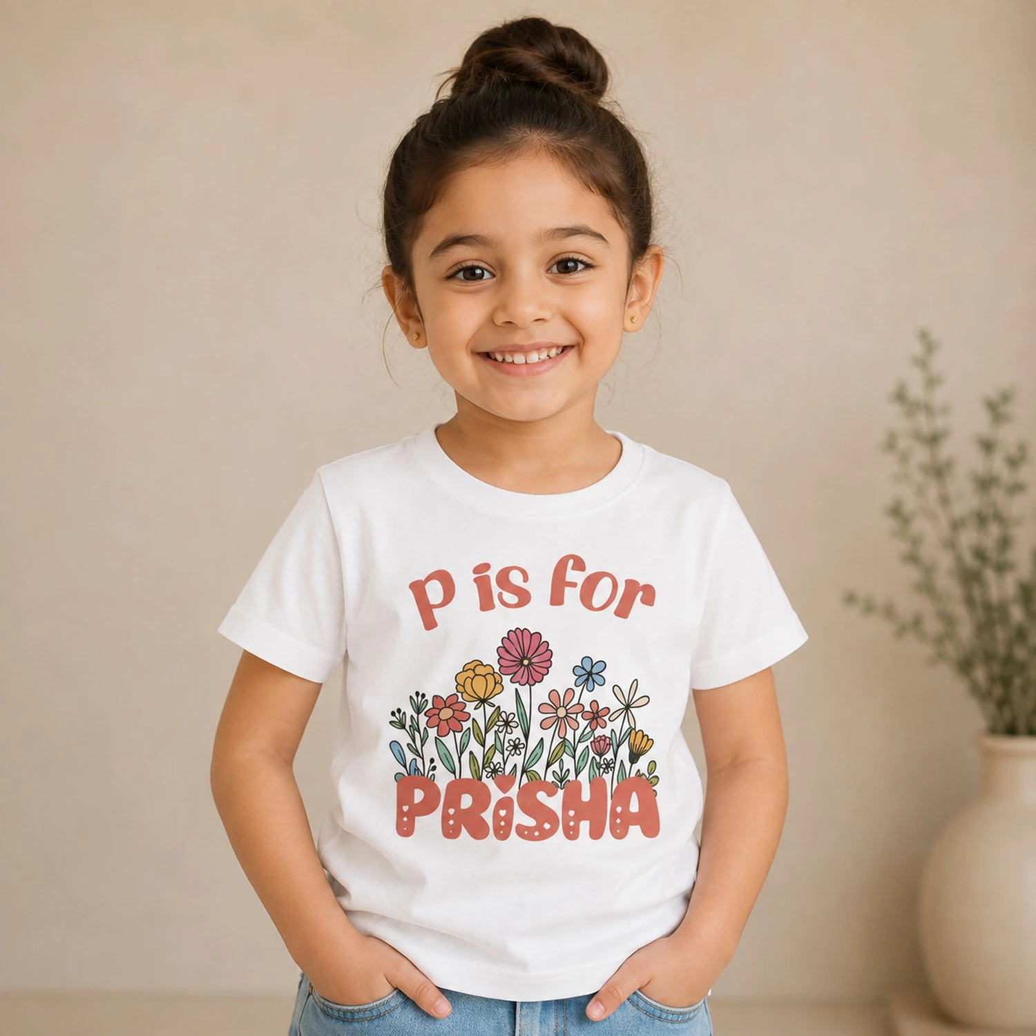 Personalised Prisha girls white T-shirt with P is for Prisha text and colourful floral design