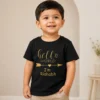 Personalised Rishabh boys black T-shirt with gold Hello World and custom name design