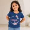Personalised Riya girls blue T-shirt with pink floral wreath and custom name print