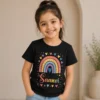 Personalised Saanvi girls black T-shirt with colourful rainbow, hearts, stars and custom name